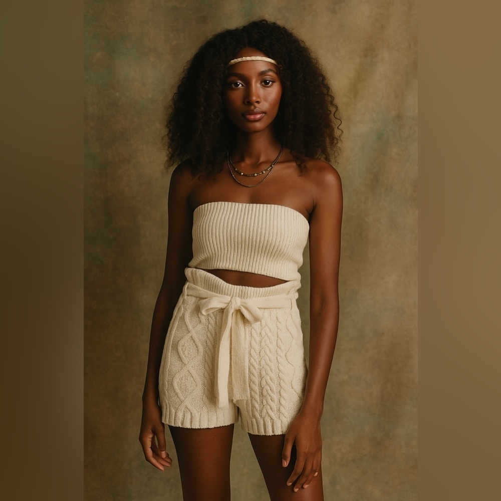 Free People Womens XS Cable Knit Sweater Shorts High Waisted Belted Ivory BOHO